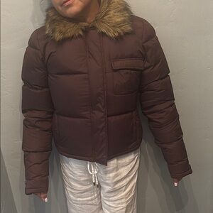 Women's cropped Brown Puffer Jacket with Faux Fur Juicy Couture